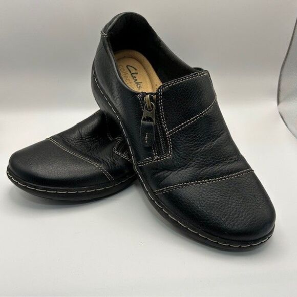 Clarks Collection Leather Loafer Shoes Women Sz 6.5  Zip, Black Ultimate Comfort - Picture 1 of 10